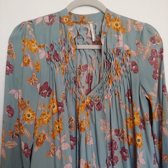 Free People oversized boho flowy top Size XS seafoam with pink & orange floral - Picture 3 of 14